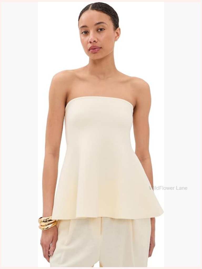 Strapless Knitted Bandeau Peplum Top - Sleeveless Solid Ivory